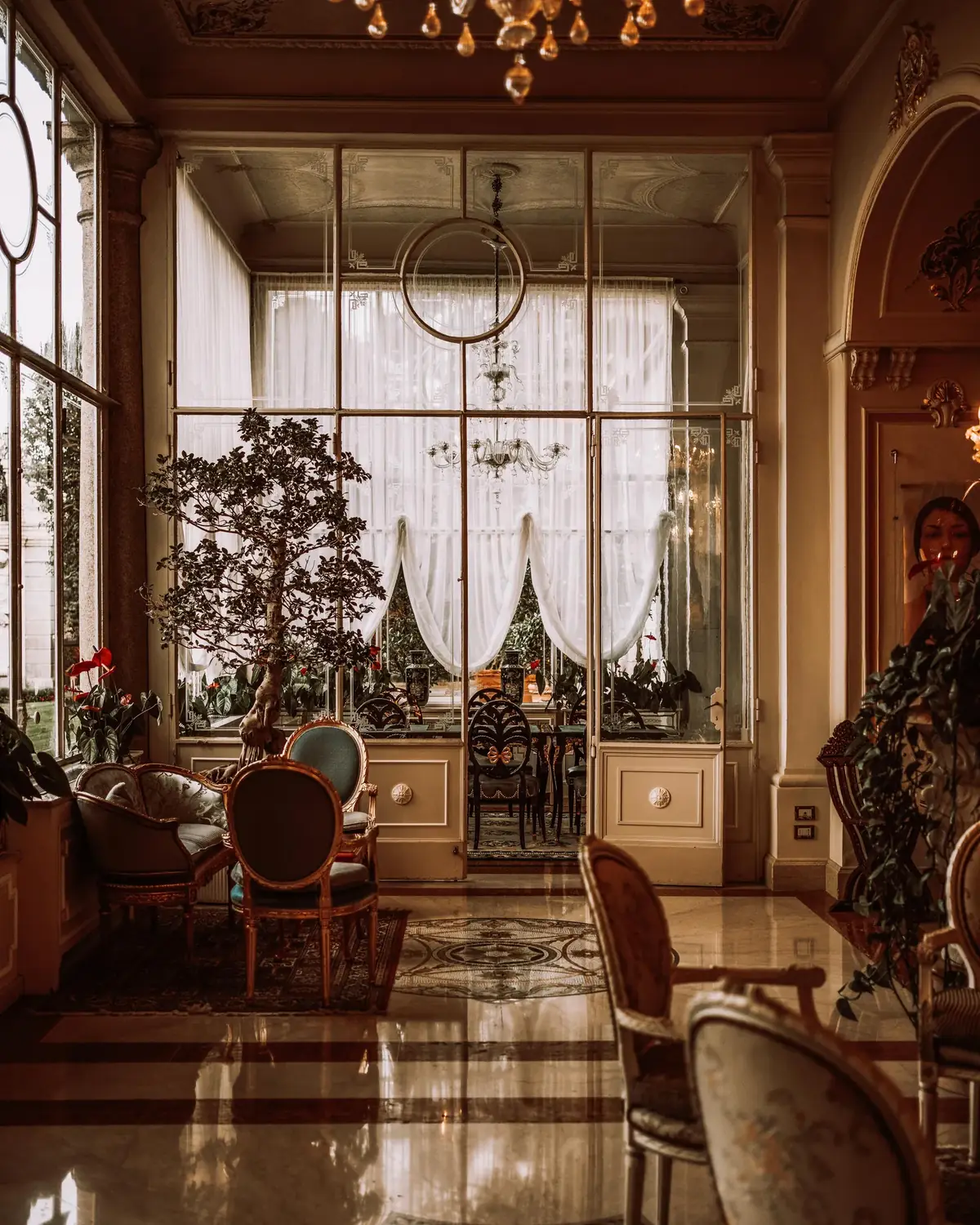 A lobby seen from the entrance, softly lit.