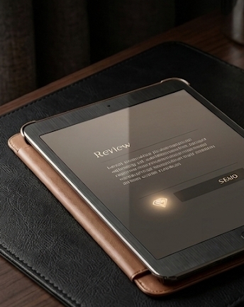 Tablet showing review response on leather case